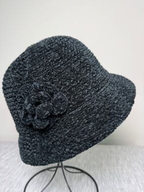 August Hat Co Boucle Knit Cloche Flower Trim Black One Size
